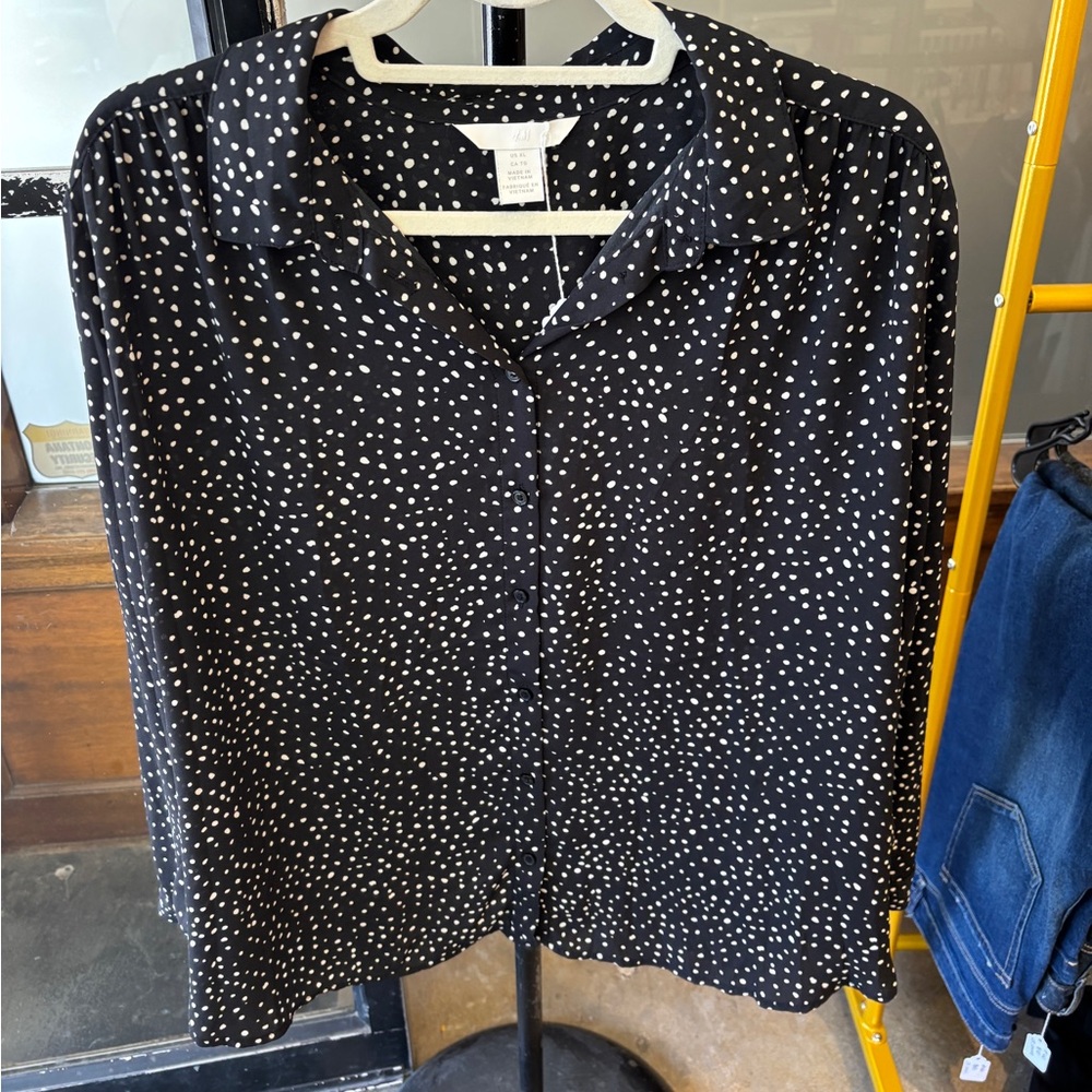H&M Black Blouse with White Dots
